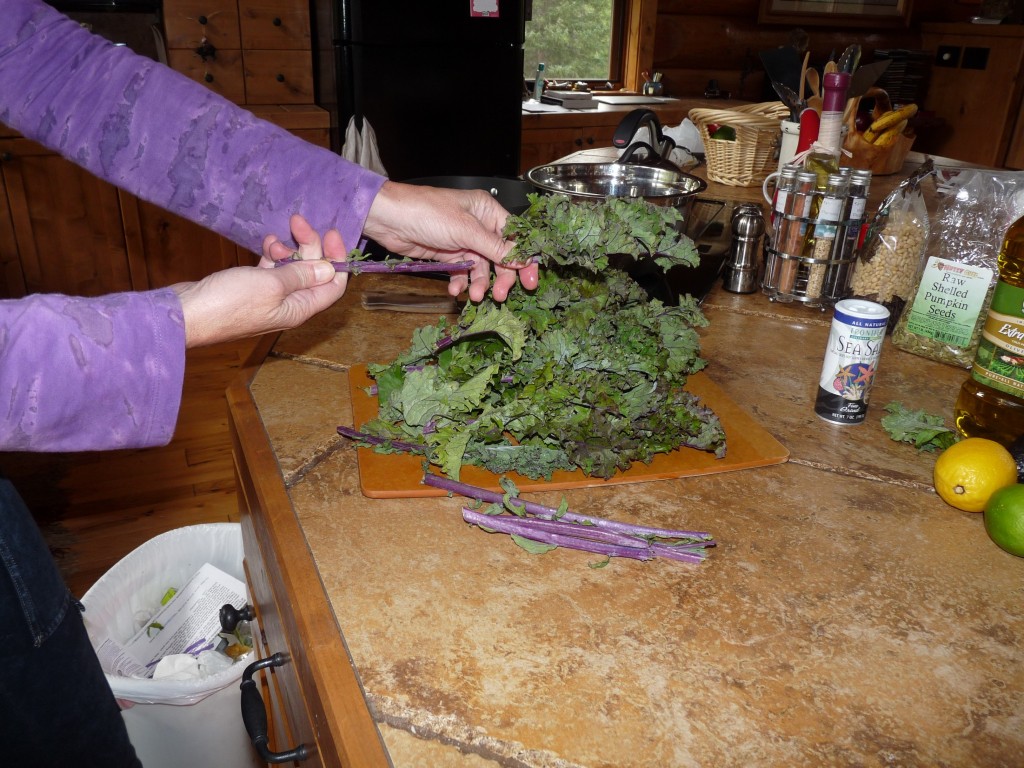 Remove stems by grasping with one hand and sliding leaves off stem