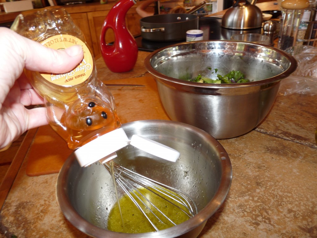 In a bowl, pour a couple Tablespoons olive or sesame oil, fresh ground pepper, salt, juice of half a lemon or lime, and a squeeze of honey and whip, taste the dressing to make sure there's enough salt, pepper and honey, and adjust to taste